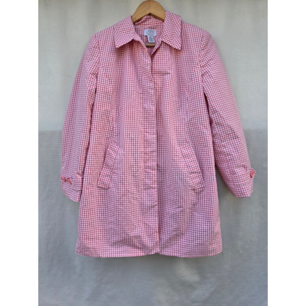 Ann Taylor Loft Petites Pink Gingham Trench Coat Jacket Womens MP Medium Petite
